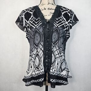 Vintage 90s y2k piano floral ruffle button up top sz L